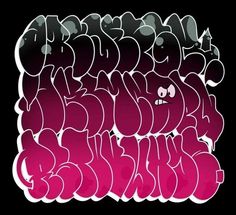 an image of some type of graffiti on a black background with pink and grey colors