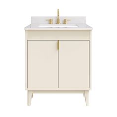 a white bathroom vanity with gold faucet and two drawers on the front, against a white background