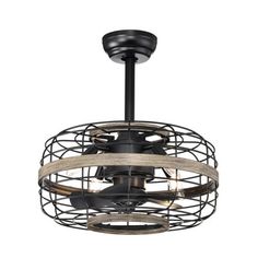 an industrial style ceiling light fixture with wood and metal cage around the globe shaped bulb