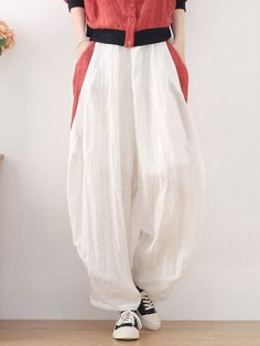 Style: Casual Material: Linen Pattern: Solid Color Length: Full Length Closure Type: Elastic Silhouette: Harem Gender: Female Season: Summer #pants #linen #trousers #harempants White Baggy Harem Pants, Casual White Harem Pants, White Baggy Harem Bottoms, White Harem Bottoms For Spring, White Baggy High Waist Harem Pants, White High Waist Baggy Harem Pants, Baggy Ankle-length Parachute Pants, Pant Pattern, Linen Harem Pants