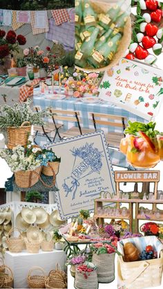 a collage of pictures with different types of fruits and vegetables in baskets on the table