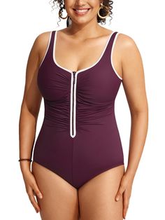 PRICES MAY VARY. Smooth, quick-drying and high stretchy fabric ensures comfy experience Non-removable built-in pads for added support Ruched design for tummy control and a slimming look Front Zip for easy on and off, even when wet Soft wide straps, U-back and reliable bottom coverage Thigh High Boots With Skirt, Modest One Piece, Bathing Suit Plus Size, Swimwear Shoot, Plus Size Swimsuit, Diy Fashion Projects, Summer Style Guide, Best Swimsuits, Zip Design