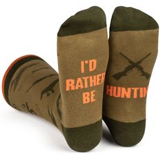 Buy On Amazon You'd rather be hunting! You don’t have to tell your boss, let your socks do the talking! Camouflage green colors keep you concealed in the office, while the bottom sports a fun message: “I’d Rather Be Hunting.” The socks feature a stylish and sharp pattern with deer, ducks, dogs, crosshairs, rifles and hunting knives. The cuff is accented with blaze orange to really fire off the camo color theme. A fantastic present for hunters, husbands, dads, grandfathers, a gag gift for your bo Funny Socks For Men, Novelty Gifts For Men, Hunter Socks, Funny Golf Gifts, Gifts For Your Boss, Golf Gifts For Men, Stocking Stuffers For Men, Camouflage Green, Hunting Gifts