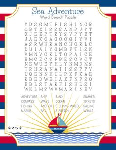 a sea adventure word search puzzle with a boat in the ocean and sunburst