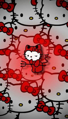 an image of hello kitty surrounded by many red hearts on a black and white background