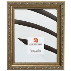 an ornate gold frame with black and white stripes on the bottom, in front of a white background