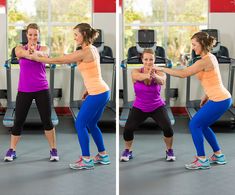 two women doing squats in front of a mirror with their hands together and one woman holding the other