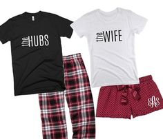 two t - shirts and plaid pants with the words the hubs on them