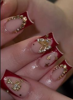 Gold And Red Nails Ideas, Red And Gold Nail Designs Classy, Red And Gold Nail Ideas, Burgundy Nails Y2k, Gold And Burgundy Prom Nails, Red And Gold Nails Ideas, Red And Gold Nails Acrylic Coffin Prom, Short Red Nails Ideas, Red And Gold Butterfly Nails