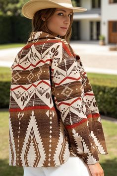 Aztec Button Up Long Sleeve Jacket ⚡Use code PIN15 at checkout for 15% off! ⚡ www.baharanchwesternwear.com #fallfashion #fall #fallweather #fallwesternoutfit #falloutfit #western #cowgirl #buttonup #aztec #aztecprint Midi Dress Style, Long Sleeve Jacket, Beige Dresses, Button Up Long Sleeve