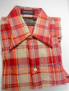 Vintage NewYork Sportswear Exchange red and beige plaid, 100% combed cotton, tailored in the British Crown Colony of Hong Kong, RN9442, Size Medium. Fitted Plaid Cotton Shirt, Fitted Plaid Flannel Shirt With Spread Collar, Armani Shirts, Dior Shirt, Mens Dress Shirts, New York Vintage, Sweater Vest Mens, Red And Beige, Beige Plaid