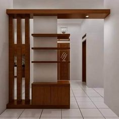 an empty room with white tile flooring and wooden shelves