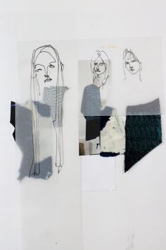 an art work with multiple images of women in different colors and shapes on paper, including one woman's head