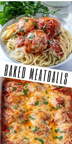 baked meatballs and pasta in a casserole dish with parsley on top