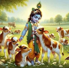 a painting of hindu god surrounded by cows