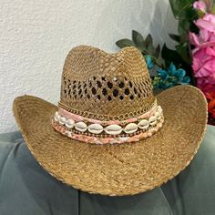 This coastal cowgirl hat has bright coral fabric with gold details and shells. A coastal cowgirls dream! All hats are around 22-24 inches inside but come with an adjustable string that can tighten the hat inside. Check out my Instagram @delisico *PLEASE MESSAGE ME IF YOU NEED FOR A SPECIFIC DATE. BIRTHDAY, CONCERT, EVENT* Southern Style Beach Hat With Curved Brim, Pink Western Style Sun Hat For Festivals, Southern Style Straw Hat With Short Brim For Beach, Pink Bohemian Straw Hat For Beach Season, Southern Style Short Brim Straw Hat For Beach, Pink Western Sun Hat For Rodeo, Pink Western Straw Hat For Rodeo, Pink Western Style Sun Hat For Rodeo, Adjustable Pink Straw Hat For Rodeo