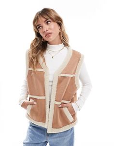 ASOS DESIGN teddy faux suede vest in tan | ASOS Brown V-neck Outerwear With Pockets, Beige V-neck Vest With Pockets, V-neck Vest With Pockets For Fall, Layering Sweater Vest With Pockets, Winter V-neck Sweater Vest With Pockets, Brown Sleeveless Vest With Faux Fur Lining, Beige Sleeveless Sweater Vest With Pockets, Beige Vest With Pockets For Fall, Brown Sweater Vest With Pockets For Fall