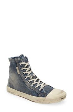 The denim of this high-top sneaker is washed and distressed for a grungy, been-around-for-years aesthetic that's heightened by the scuffed vulcanized sole. Lace-up style Textile upper and lining/rubber sole Imported Men's Designer Shoes Denim Blue Cotton Lace-up Sneakers, Casual Low-top Distressed Sneakers, Casual Distressed High-top Sneakers, Urban Denim Sneakers For Streetwear, Denim Sneakers With Rubber Sole For Streetwear, Denim Blue Cotton Sneakers For Streetwear, Denim Blue Urban Sneakers For Streetwear, Urban Denim Blue Sneakers For Streetwear, Vintage High-top Sneakers For Streetwear