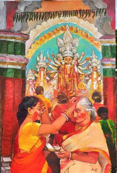 An arwork on Durga Puja Ritual of Hindus. Festival Painting Ideas, Navratri Memory Drawing, Festival Composition Painting, Indian Festival Painting, Subject Drawing, Festival Painting, Festival Paint, God Painting