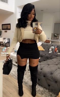 Lounge Outfits Black Women Club, Cold Brunch Outfit, Heels And Socks Outfit, Cold Club Outfit Night, Thigh High Boots Outfit Black Women, Cute Birthday Outfits, Ootd Outfits