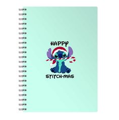 a spiral notebook with the words happy stitch - mash on it and an image of stitch