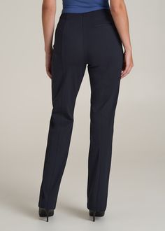 Stand Above the Rest in Style Sleek Pants for Tall Women Introducing your new power player: our tailored Dress Pants. These aren't just tall women's pants; they're a statement. With a flat front design and meticulous tailoring, they epitomize polish and poise. Whether you're commanding the boardroom or charming at a dinner, these women's tall pants ensure you stand out in comfort and style.• Slash and single welt pockets for utility and flair• Flat front for a smooth, modern silhouette• Full len Pull-on 4-way Stretch Dress Pants For Work, Fitted Straight Pants With Pull-on Style, Business Casual Straight Dress Pants With Pull-on Style, Business Casual Straight Elastane Pants, Business Casual Straight Pants In Elastane, Tailored Elastane Dress Pants, Fitted Full Length Dress Pants With Elastic Waistband, Fitted Elastane Straight Leg Pants, Fitted Straight Leg Elastane Pants