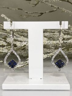 Diamond and Sapphire Dangle Earrings in 14K White gold #2033 Jewelry Choker, Green Tourmaline, Hanukkah Wreath, Tourmaline, Jewelry Earrings Dangle, Gold Jewelry, Dangle Drop Earrings, Dangle Earrings