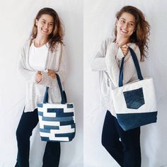 two photos of a woman holding a blue and white tote bag