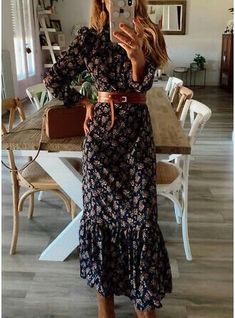 Black Floral Dress Fall, Boho Dresses Winter, Winter Symphony Outfit, Boho Work Style, Age Of Adeline Outfit, Fall Dress 2023, Long Fall Dresses With Boots, Soft Classic Autumn Outfits, 2023 Fall Dresses