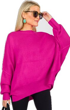 Pink Sweater With Ribbed Neckline For Fall, Pink Ribbed Neckline Sweater For Fall, Pink Knit Sweater With Ribbed Neckline, Oversized Solid Cropped Sweater For Layering, Oversized Solid Ribbed Cropped Sweater, Oversized Pink Ribbed Sweater, Oversized Ribbed Pink Sweater, Spring Ribbed Sweater With Batwing Sleeves, Pink Ribbed Sweater For Layering