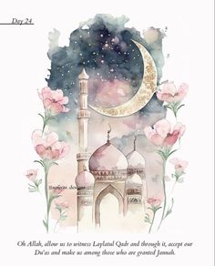 a watercolor painting of a mosque with flowers and the moon in the sky above it