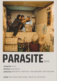 an advertisement for the upcoming film, parasite 2019 with two people in a kitchen