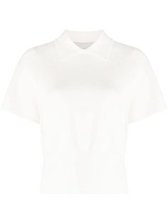 cream white stretch-design knitted construction crepe texture polo collar short sleeves ribbed hem