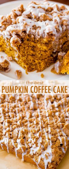 the best pumpkin coffee cake with white icing is cut in half and served on a plate