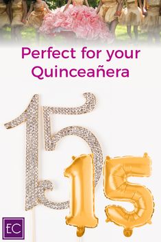 an advertisement for quinceanera with gold balloons