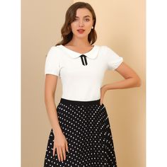 Elegant and feminine, this pretty blouse features an elastic cuff, a Peter Pan collar, and beautiful neckline decor, which is designed for your fashion look. The Peter Pan collar is designed with an elegant collar style, which is perfect for a feminine and girly style. This blouse is suitable for any occasion, like dating, work, office, or casual, and brings you a summer sense. The model is wearing an X-Small: Height: 5'7", Chest: 32 1/4 inches, Waist: 24 3/8 inches, Hip: 33 7/8 inches, Weight: Casual Fitted Blouse With Cute Collar, Fitted White Top With Elastic Neckline, Fitted White Tops With Elastic Neckline, Fitted Tops With Cute Collar For Work, Chic White Top With Elastic Neckline, Fitted Blouse With Cute Collar For Work, Fitted Workwear Blouse With Cute Collar, Chic Fitted Blouse With Doll Collar, Chic Fitted Top With Doll Collar