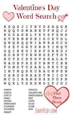 valentine's day word search is shown with hearts in the middle and words below