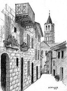 a drawing of an alleyway with buildings and a clock tower