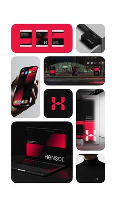 a series of photos showing different types of cell phones and laptops with the same logo on them