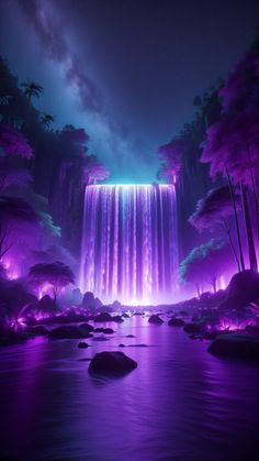 the waterfall is lit up with purple lights