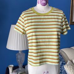 100% Cotton (Exclusive Of Trims) Cheap Striped Everyday T-shirt, Cheap Vintage Striped T-shirt, Cheap Contrast Stripes T-shirt, 90s Striped Short Sleeve T-shirt, Cheap Blue T-shirt With Contrast Stripes, Blue Striped Shirt, Striped Shirt, Green And Brown, Blue Green