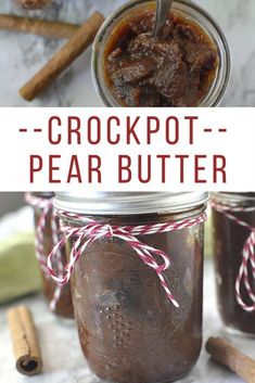 two jars filled with crockpot pear butter next to cinnamon sticks