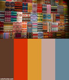 an assortment of colorful fabrics are displayed in this color scheme