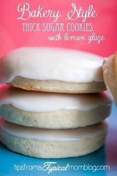 there is a stack of cookies with icing on it and the words bakery style thick sugar cookies with lemon glaze