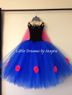 a blue and pink dress hanging on a wall