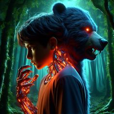 a young boy with glowing lights on his face and neck, standing in the woods next to a bear