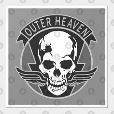 a black and white skull with the words outer heaven in it's center is an arrow