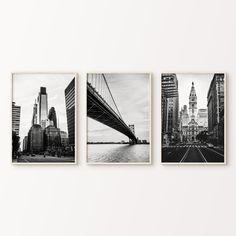 three black and white photographs of the brooklyn bridge in new york city, with buildings on either side