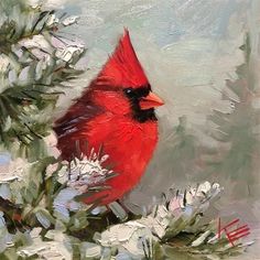 a painting of a cardinal sitting on top of a pine tree