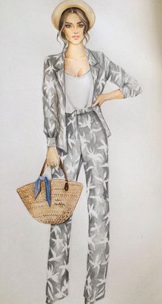 a drawing of a woman in grey and white clothes holding a straw bag with one hand on her hip